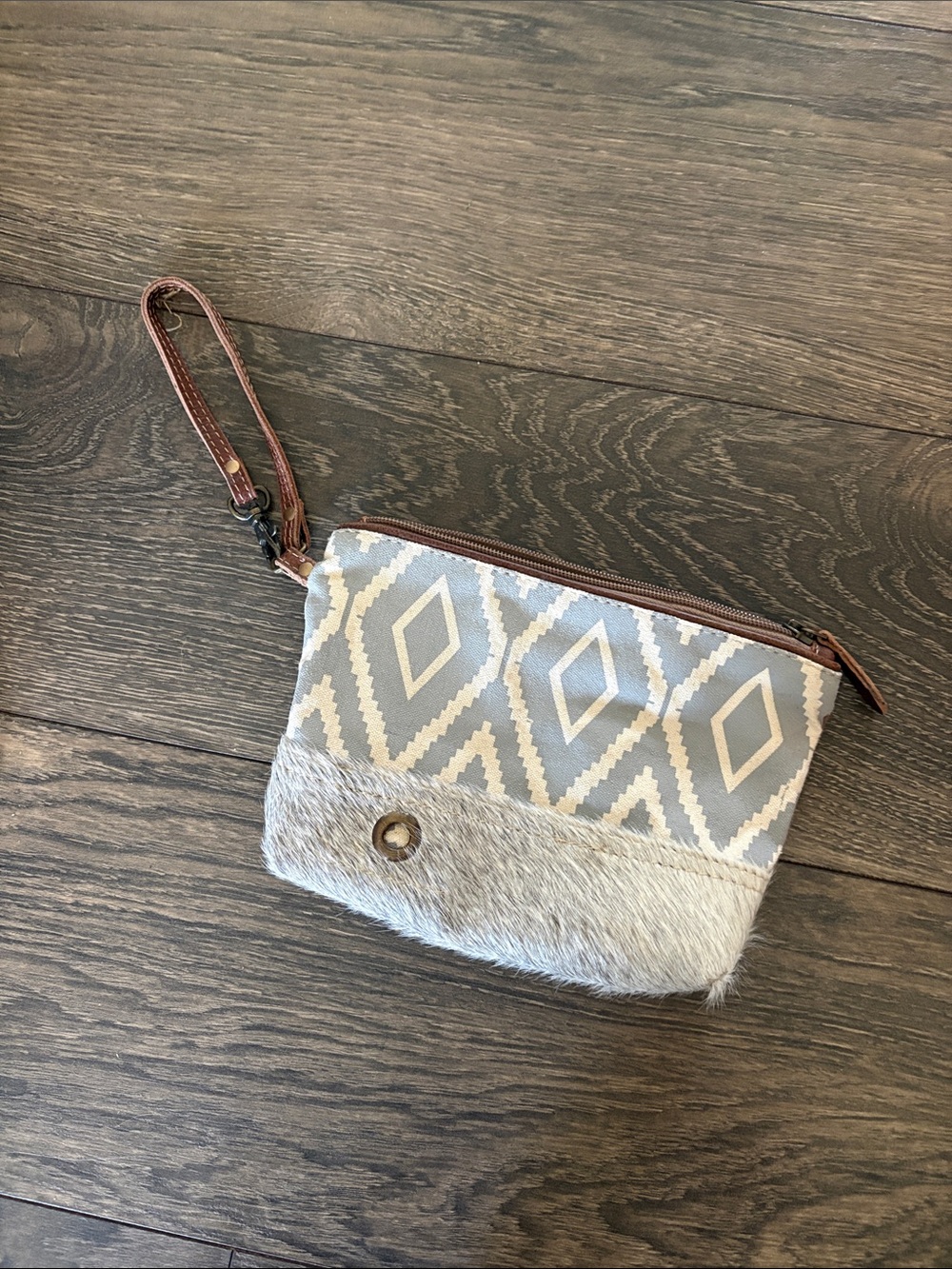 Myra Bag Gray Geometric Wristlet with Fur Trim